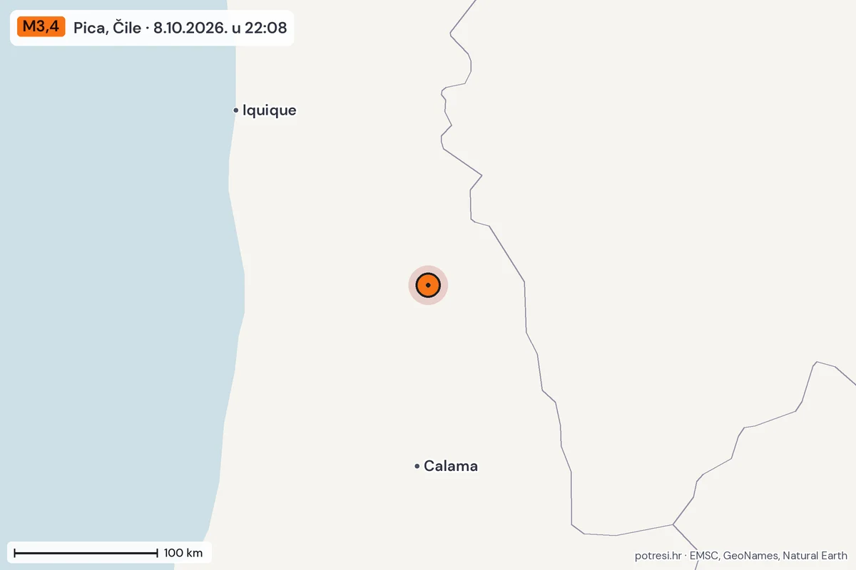 Karta: šire područje, 600 km, potres M3,4, Pica, Čile, 8.10.2026.
