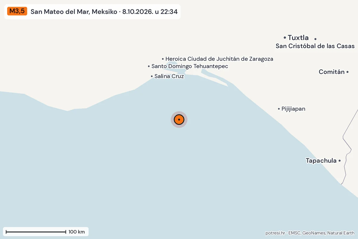 Karta: šire područje, 600 km, potres M3,5, San Mateo del Mar, Meksiko, 8.10.2026.