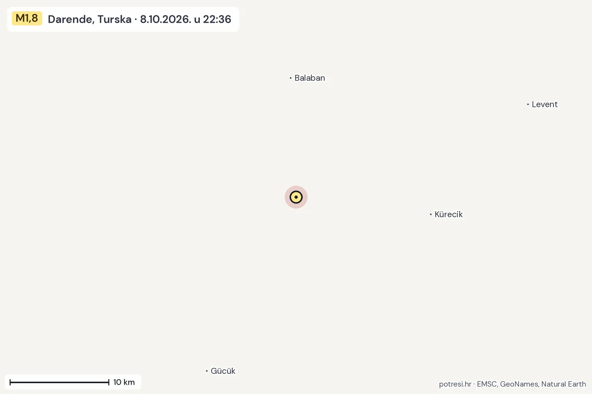 Karta: okolica epicentra, 60 km, potres M1,8, Darende, Turska, 8.10.2026.