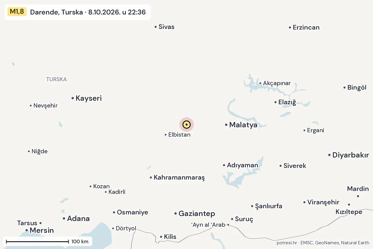 Karta: šire područje, 600 km, potres M1,8, Darende, Turska, 8.10.2026.