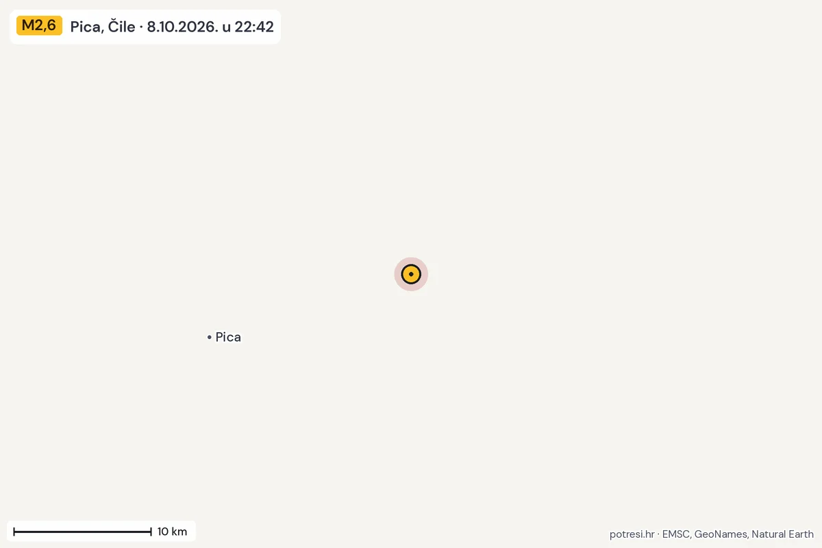Karta: okolica epicentra, 60 km, potres M2,6, Pica, Čile, 8.10.2026.
