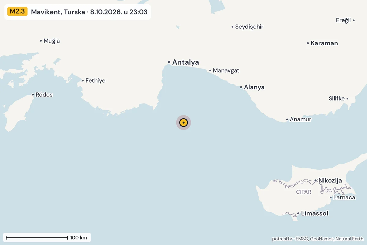 Karta: šire područje, 600 km, potres M2,3, Mavikent, Turska, 8.10.2026.