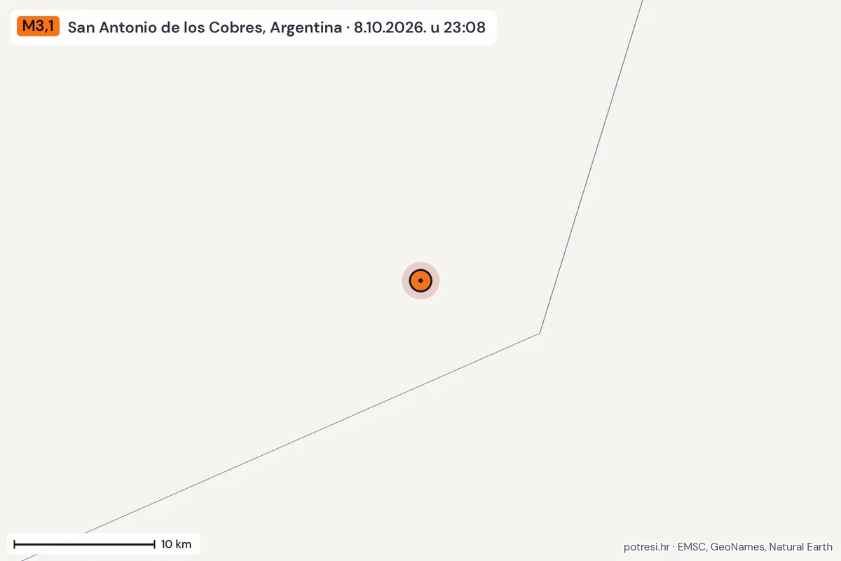 Karta: okolica epicentra, 60 km, potres M3,1, San Antonio de los Cobres, Argentina, 8.10.2026.