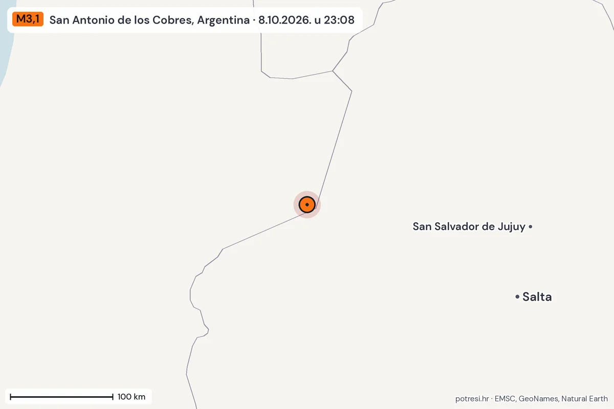 Karta: šire područje, 600 km, potres M3,1, San Antonio de los Cobres, Argentina, 8.10.2026.