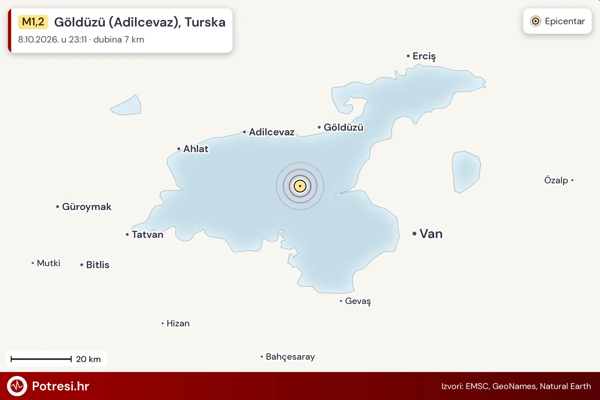 Karta: šire područje i vjerojatni doseg osjeta, potres M1,2, Göldüzü (Adilcevaz), Turska, 8.10.2026.