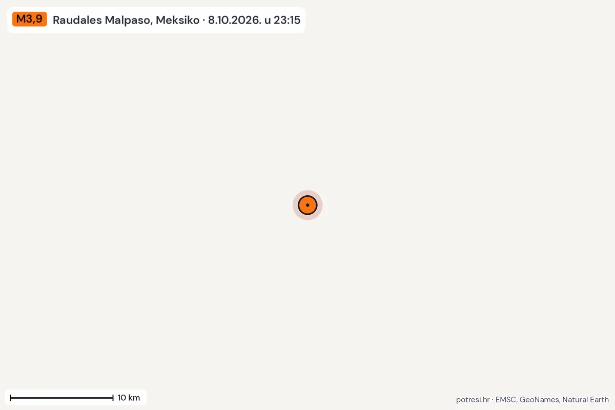 Karta: okolica epicentra, 60 km, potres M3,9, Raudales Malpaso, Meksiko, 8.10.2026.