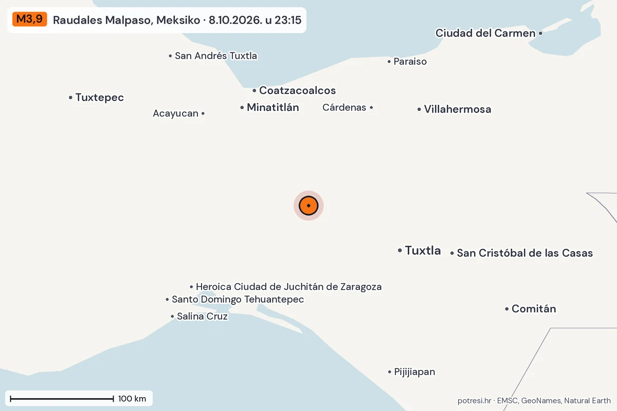Karta: šire područje, 600 km, potres M3,9, Raudales Malpaso, Meksiko, 8.10.2026.