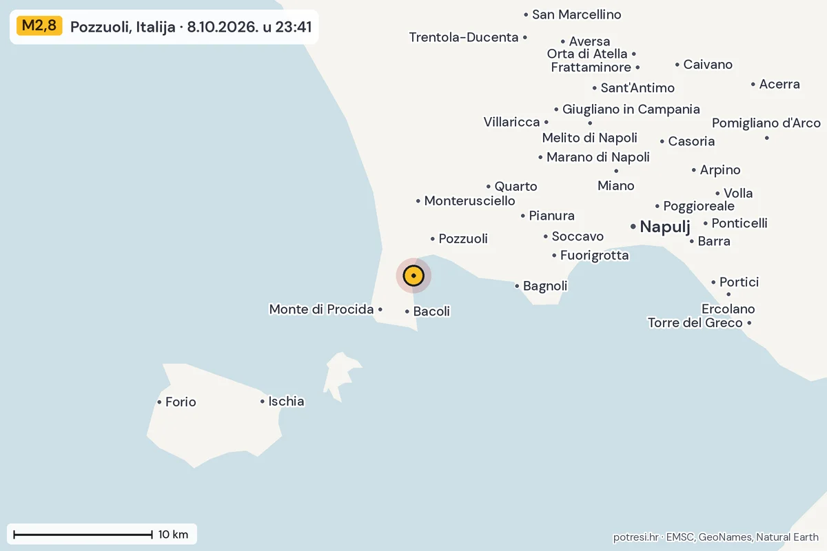 Karta: okolica epicentra, 60 km, potres M2,8, Pozzuoli, Italija, 8.10.2026.