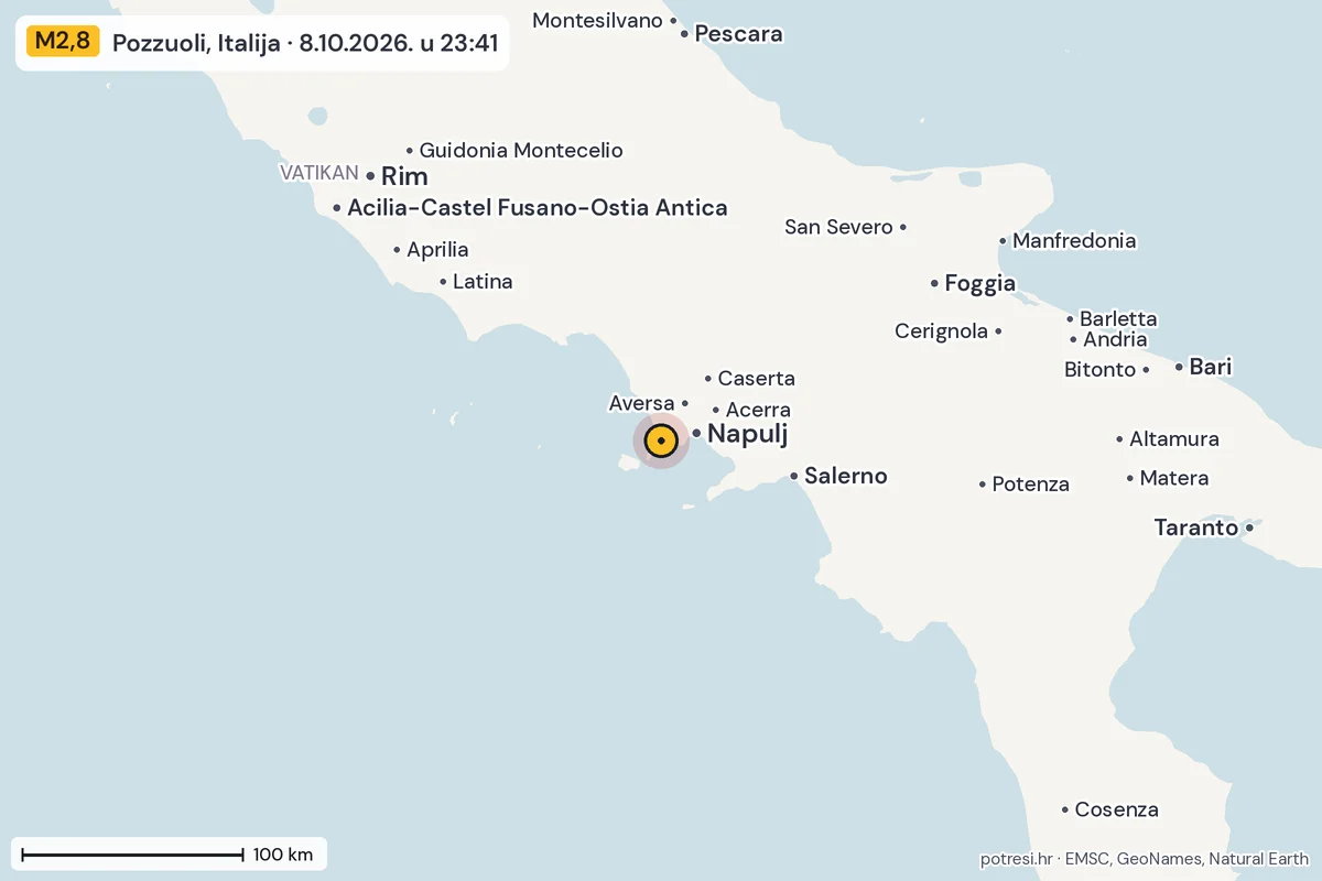 Karta: šire područje, 600 km, potres M2,8, Pozzuoli, Italija, 8.10.2026.