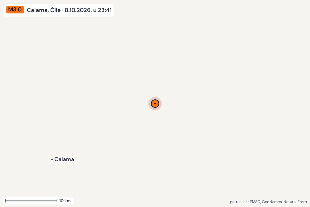 Karta: okolica epicentra, 60 km, potres M3,0, Calama, Čile, 8.10.2026.