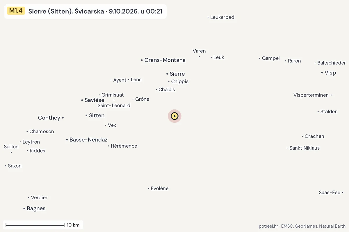 Karta: okolica epicentra, 60 km, potres M1,4, Sierre (Sitten), Švicarska, 9.10.2026.