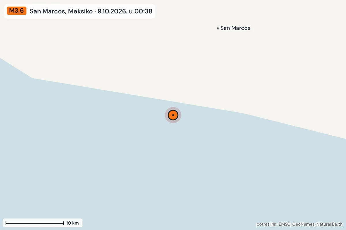 Karta: okolica epicentra, 60 km, potres M3,6, San Marcos, Meksiko, 9.10.2026.