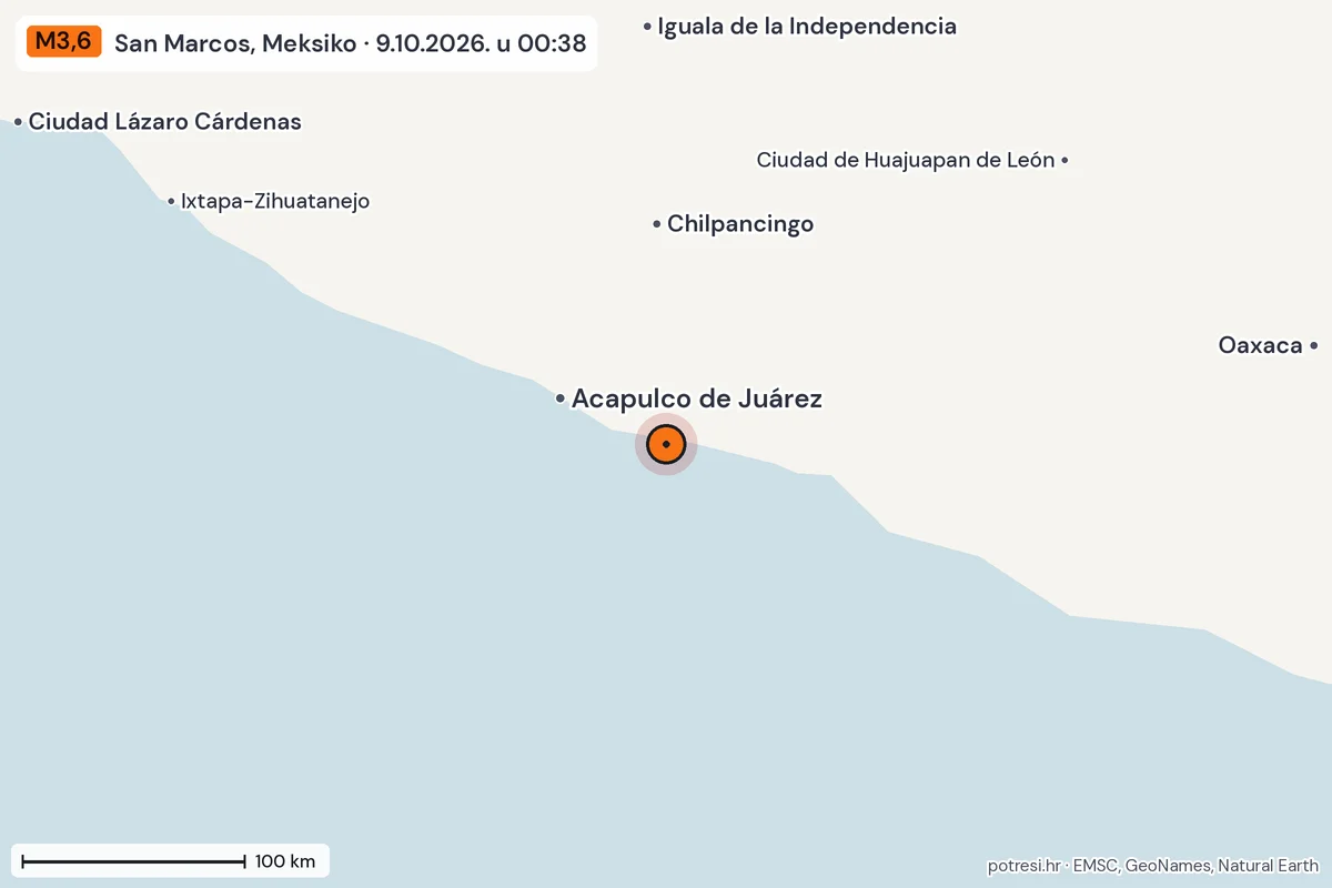 Karta: šire područje, 600 km, potres M3,6, San Marcos, Meksiko, 9.10.2026.