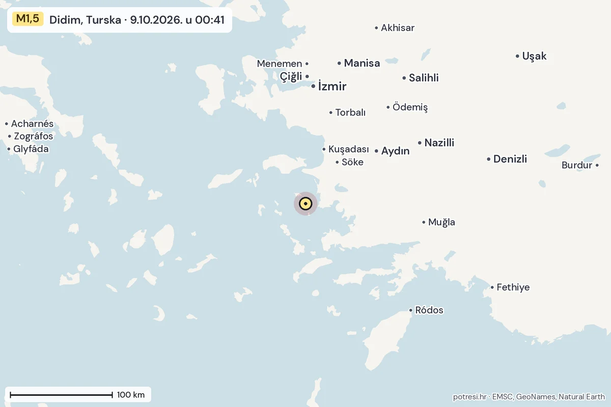 Karta: šire područje, 600 km, potres M1,5, Didim, Turska, 9.10.2026.