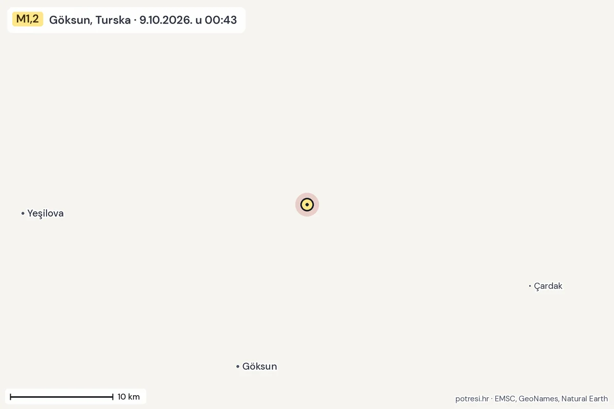 Karta: okolica epicentra, 60 km, potres M1,2, Göksun, Turska, 9.10.2026.