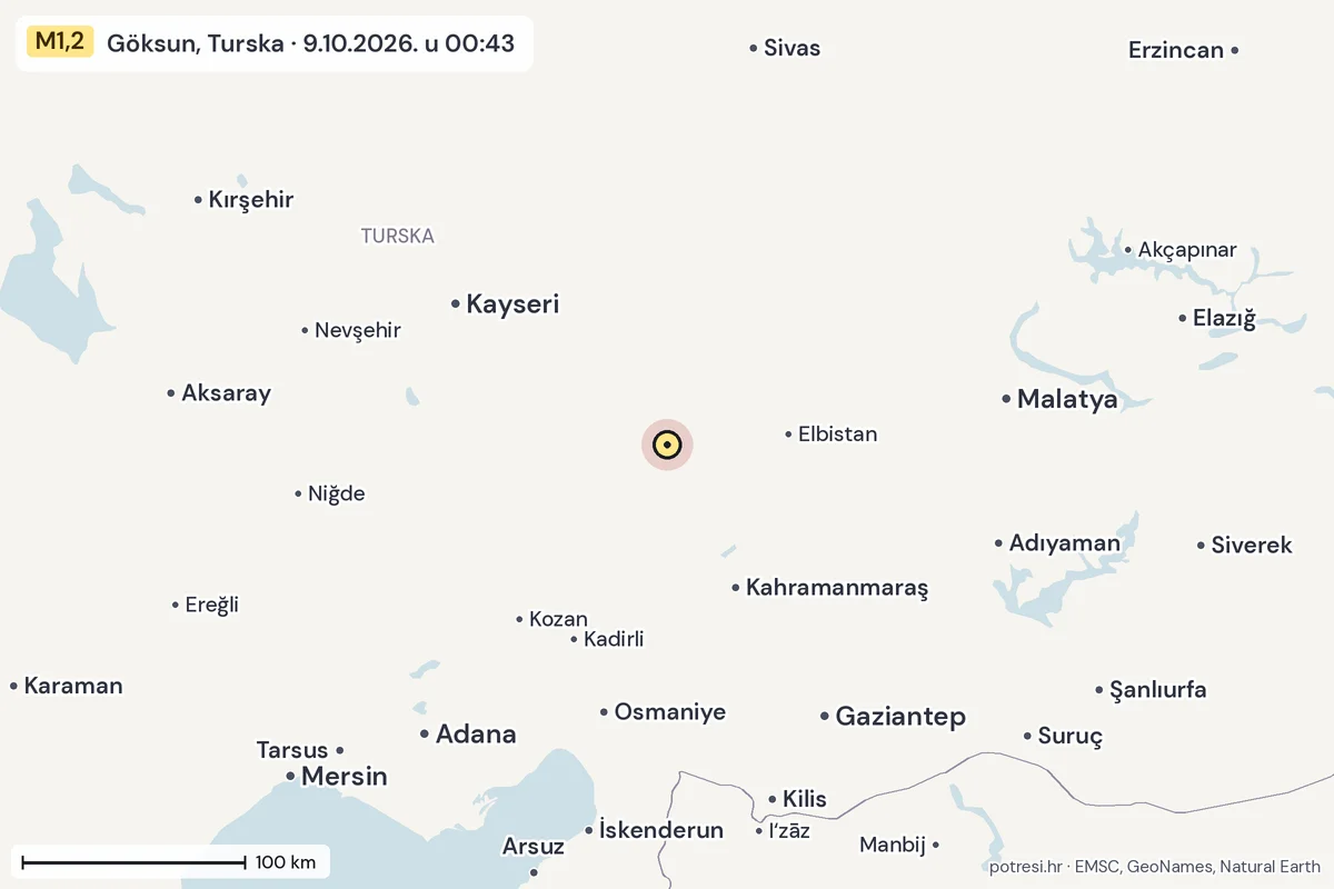 Karta: šire područje, 600 km, potres M1,2, Göksun, Turska, 9.10.2026.
