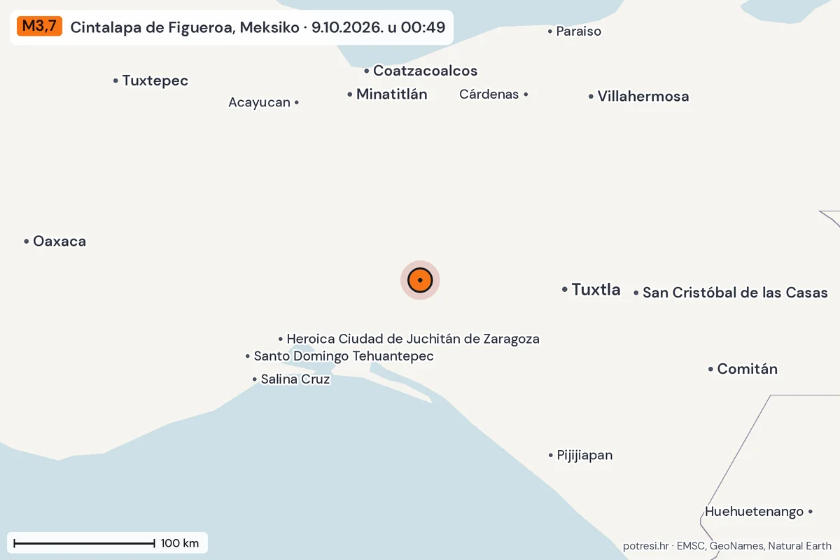 Karta: šire područje, 600 km, potres M3,7, Cintalapa de Figueroa, Meksiko, 9.10.2026.