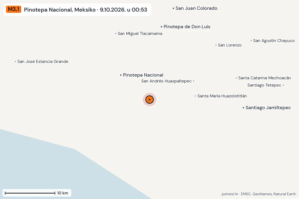 Karta: okolica epicentra, 60 km, potres M3,1, Pinotepa Nacional, Meksiko, 9.10.2026.