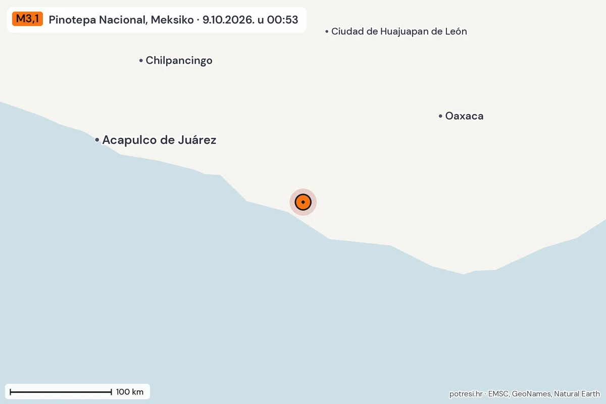 Karta: šire područje, 600 km, potres M3,1, Pinotepa Nacional, Meksiko, 9.10.2026.