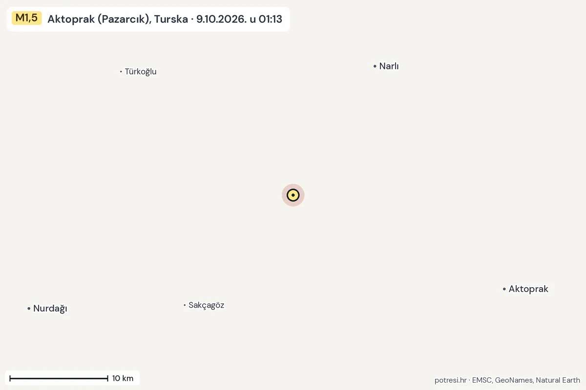 Karta: okolica epicentra, 60 km, potres M1,5, Aktoprak (Pazarcık), Turska, 9.10.2026.