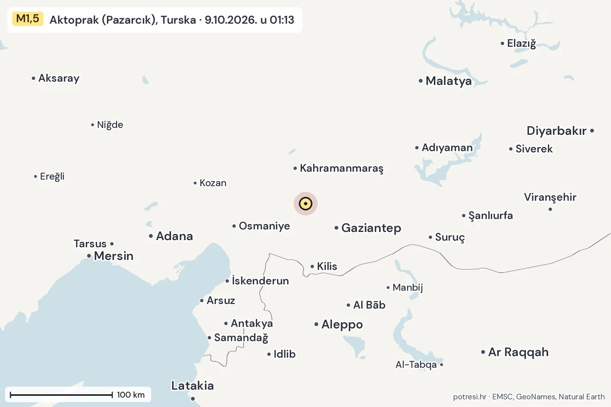 Karta: šire područje, 600 km, potres M1,5, Aktoprak (Pazarcık), Turska, 9.10.2026.