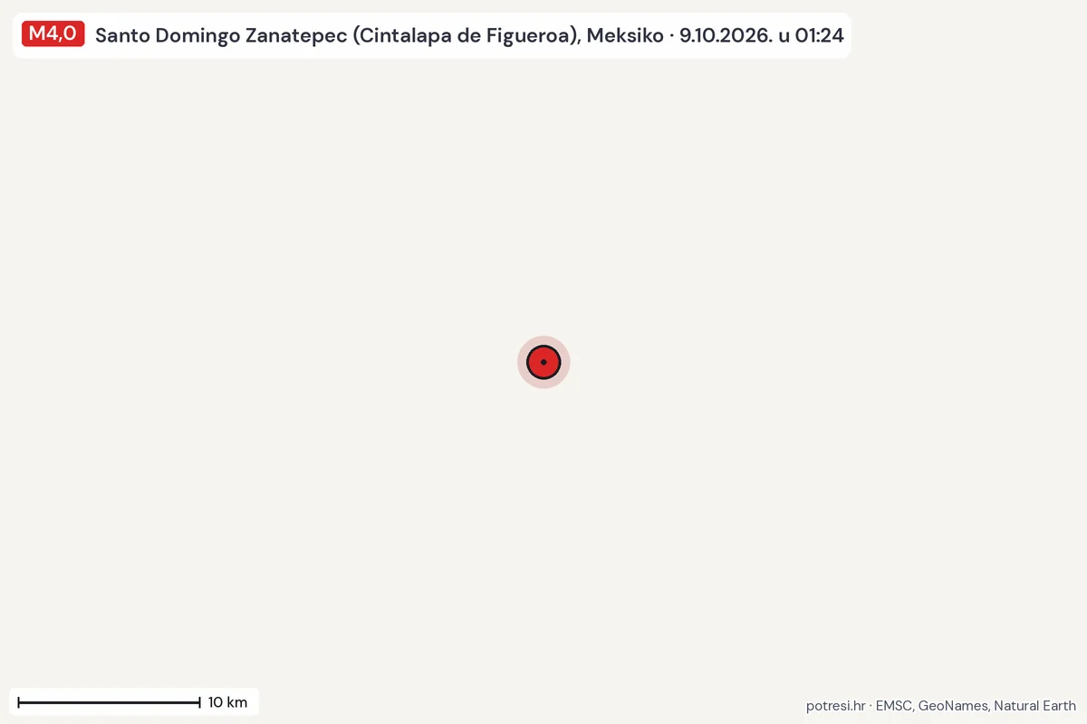 Karta: okolica epicentra, 60 km, potres M4,0, Santo Domingo Zanatepec (Cintalapa de Figueroa), Meksiko, 9.10.2026.