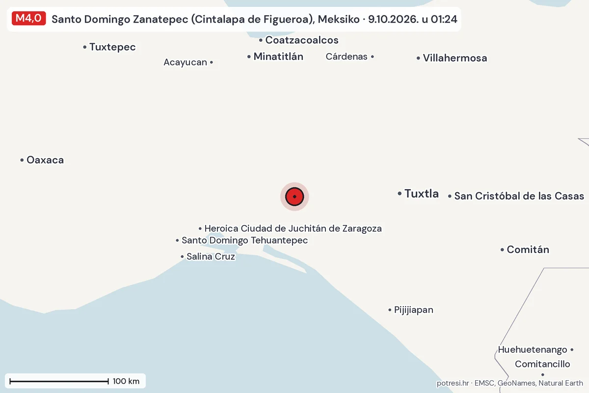 Karta: šire područje, 600 km, potres M4,0, Santo Domingo Zanatepec (Cintalapa de Figueroa), Meksiko, 9.10.2026.