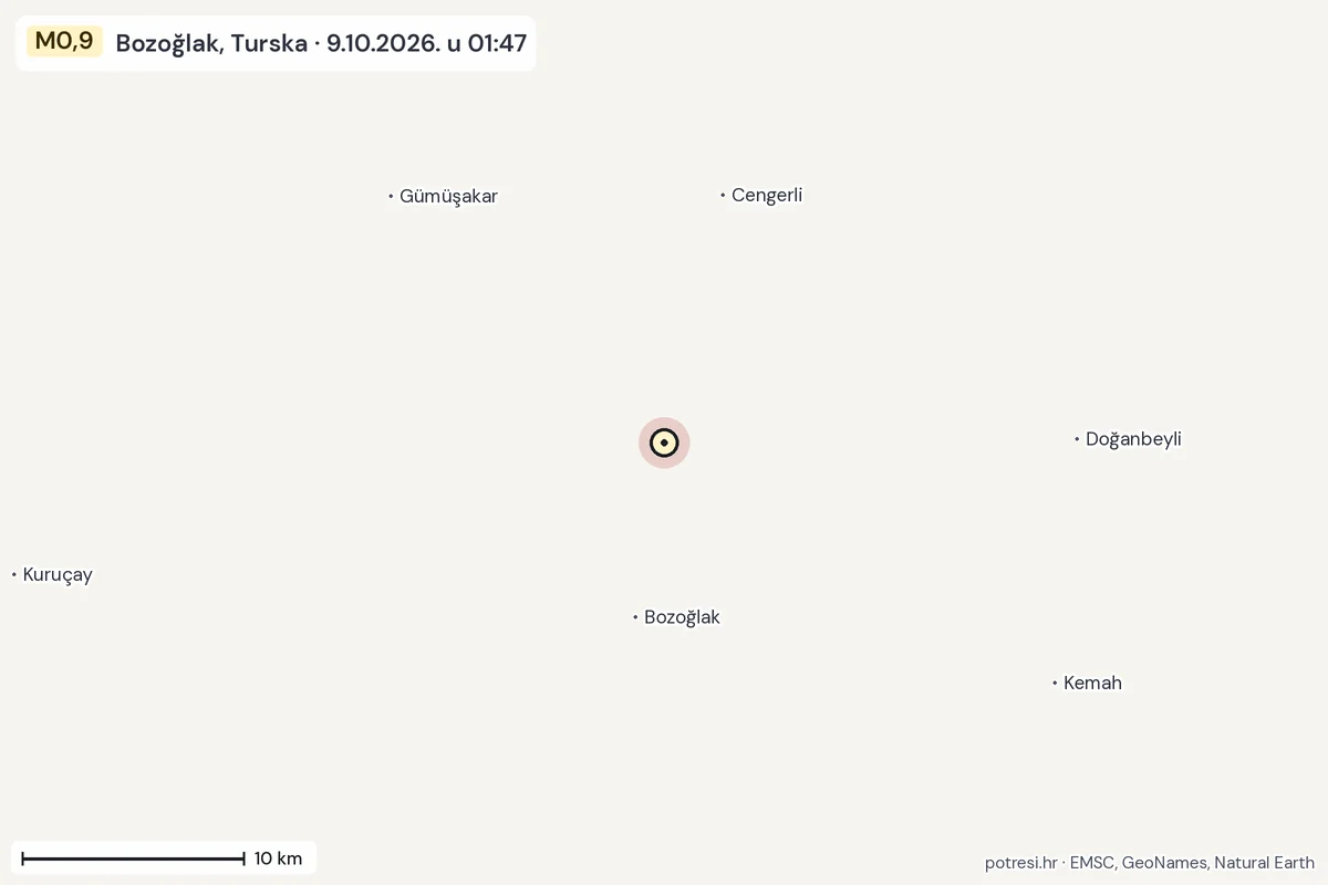 Karta: okolica epicentra, 60 km, potres M0,9, Bozoğlak, Turska, 9.10.2026.