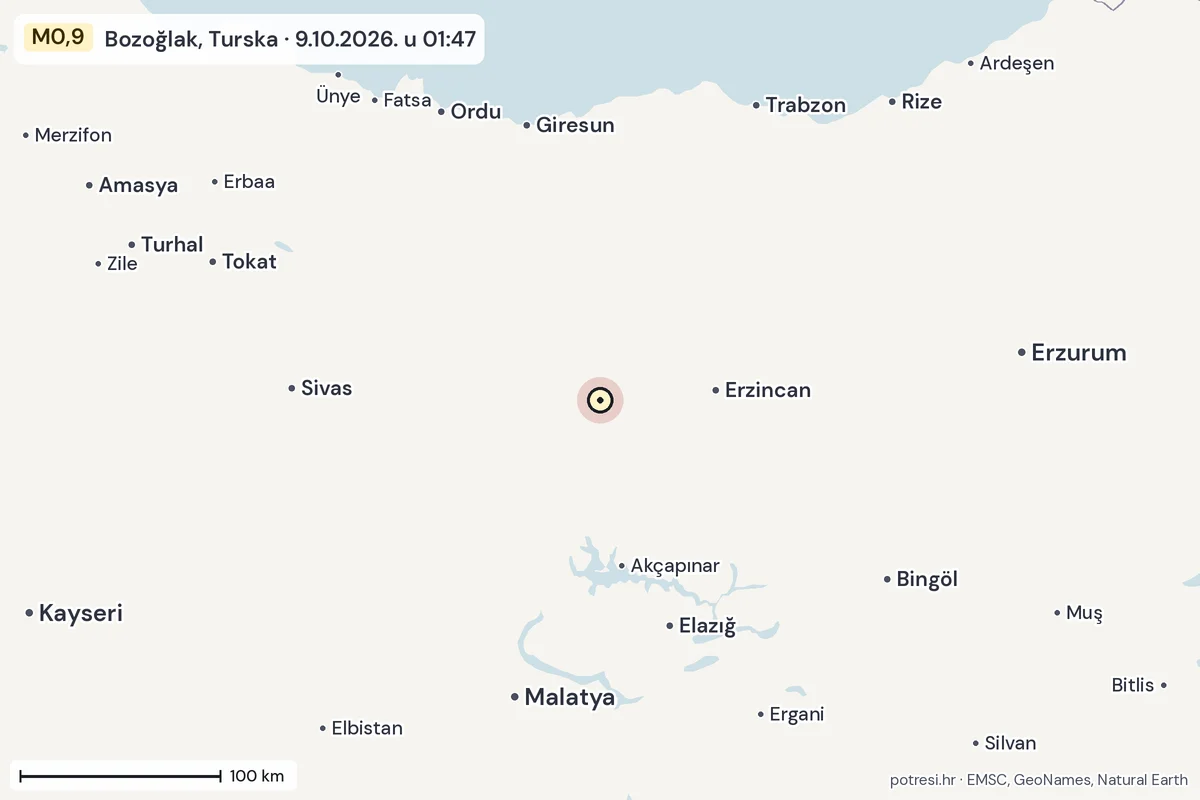Karta: šire područje, 600 km, potres M0,9, Bozoğlak, Turska, 9.10.2026.