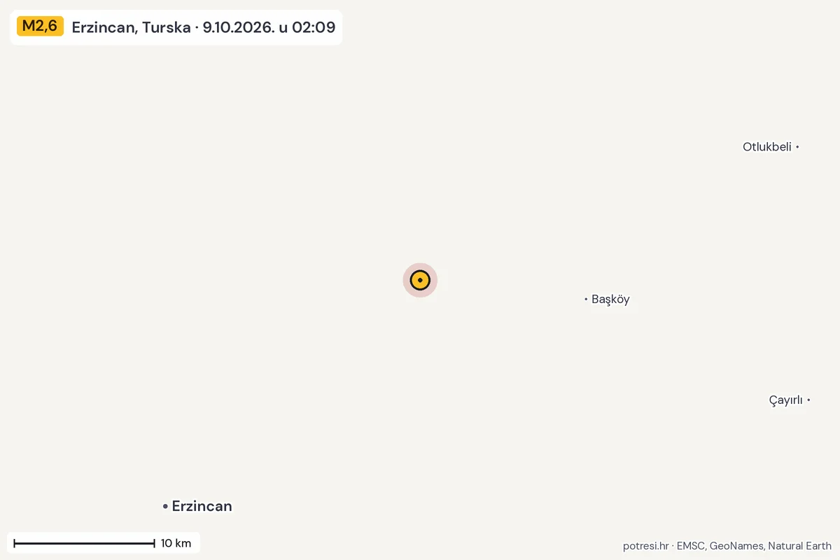 Karta: okolica epicentra, 60 km, potres M2,6, Erzincan, Turska, 9.10.2026.