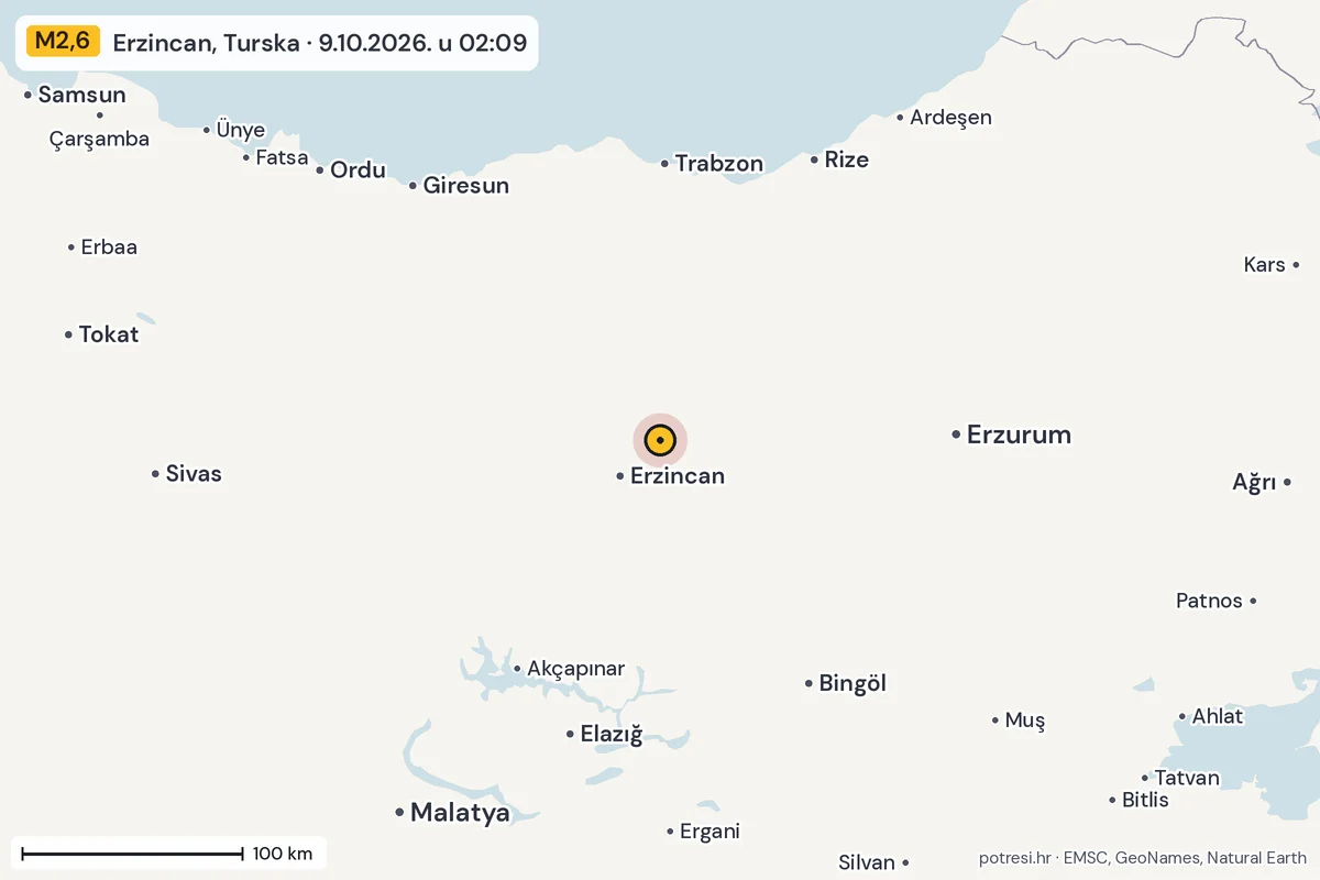 Karta: šire područje, 600 km, potres M2,6, Erzincan, Turska, 9.10.2026.