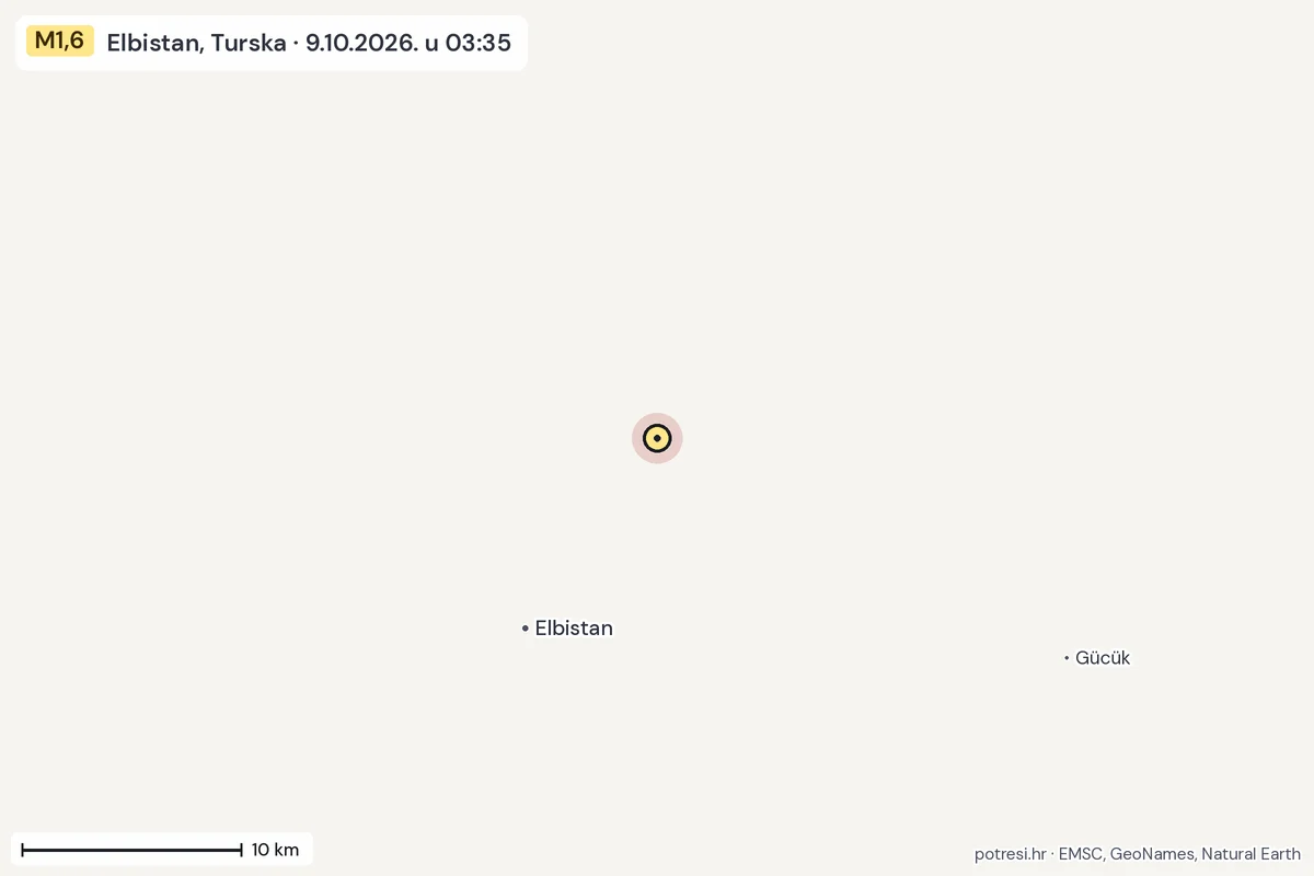 Karta: okolica epicentra, 60 km, potres M1,6, Elbistan, Turska, 9.10.2026.
