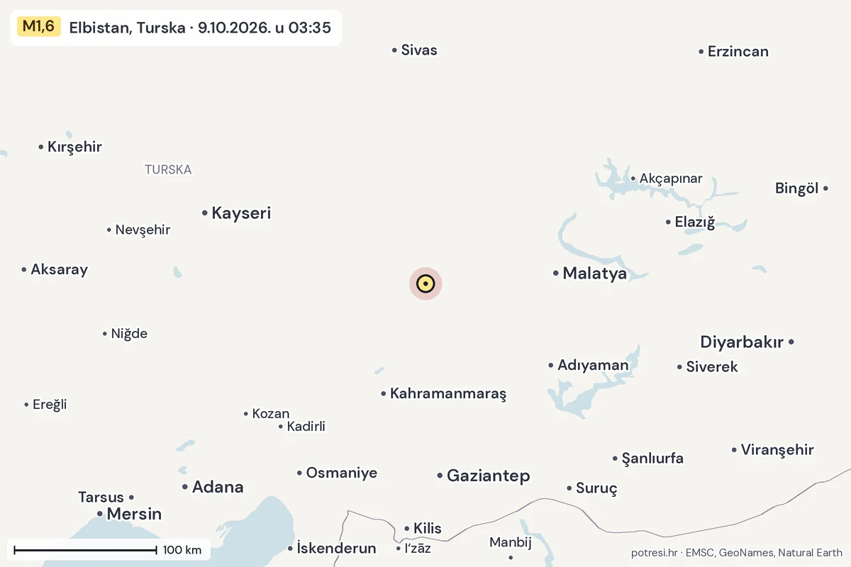 Karta: šire područje, 600 km, potres M1,6, Elbistan, Turska, 9.10.2026.