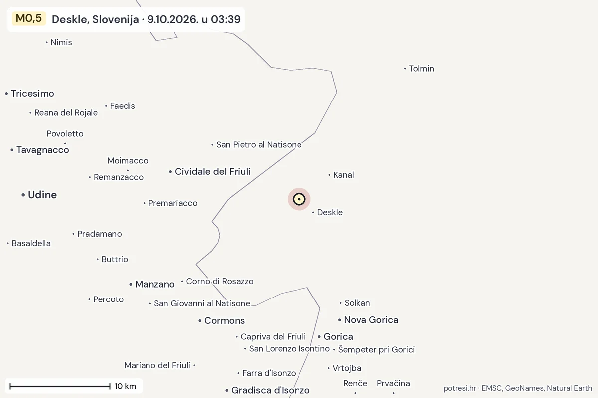 Karta: okolica epicentra, 60 km, potres M0,5, Deskle, Slovenija, 9.10.2026.