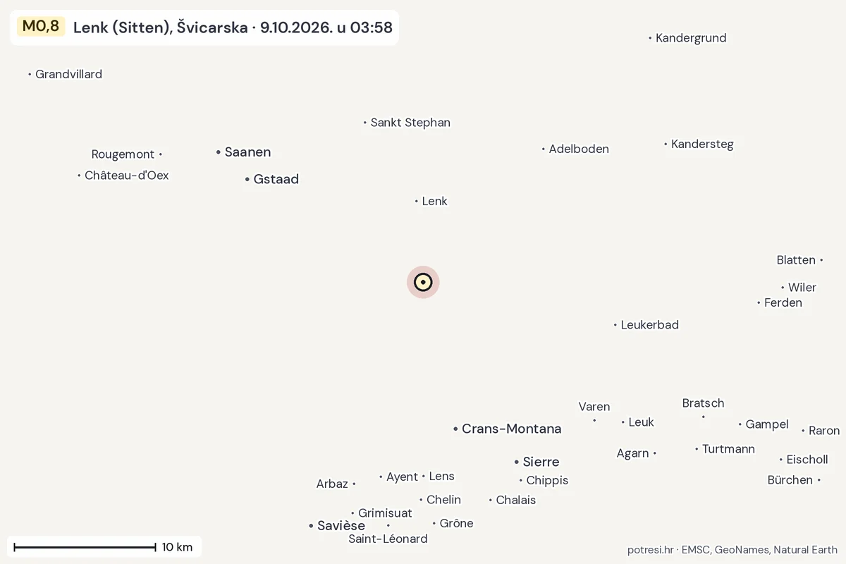 Karta: okolica epicentra, 60 km, potres M0,8, Lenk (Sitten), Švicarska, 9.10.2026.