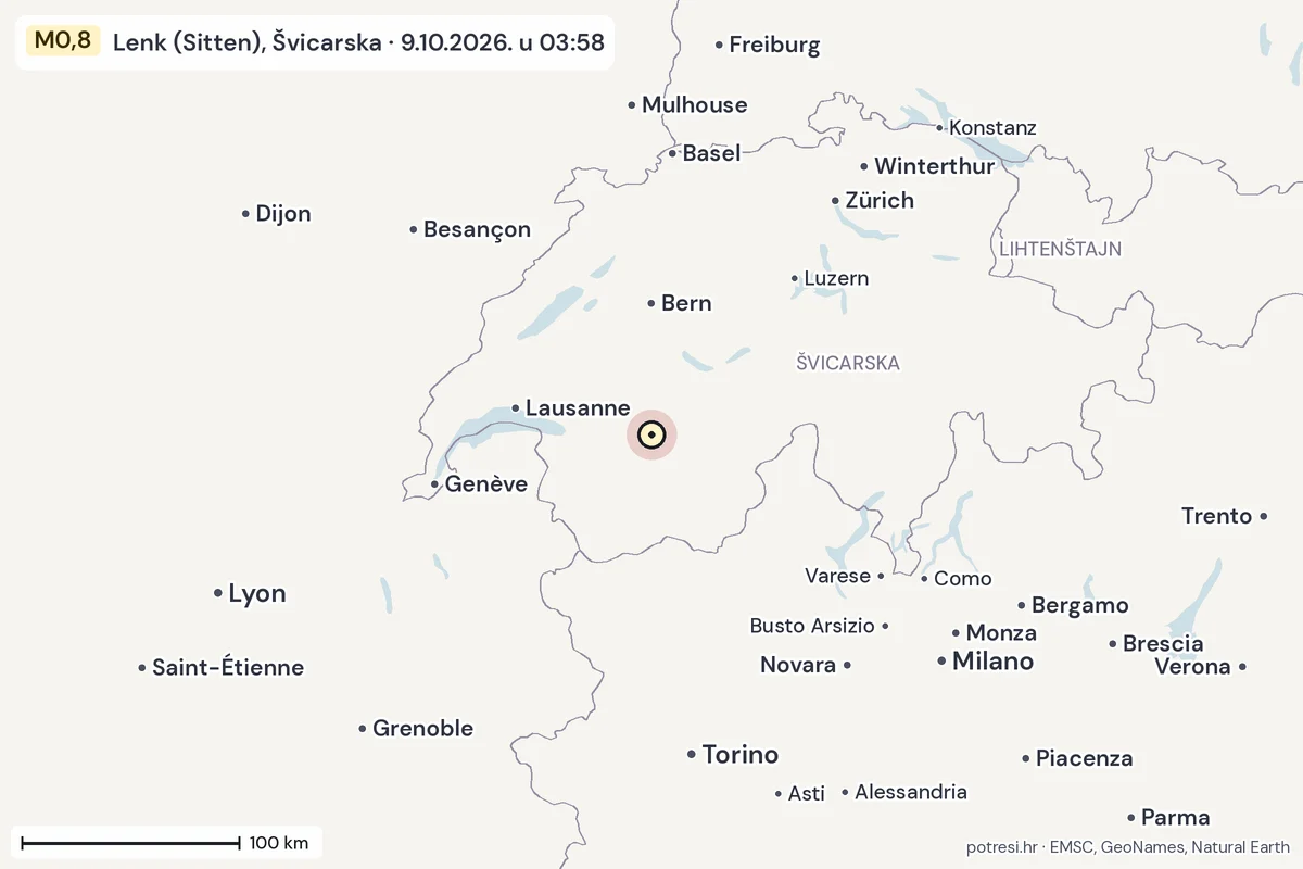Karta: šire područje, 600 km, potres M0,8, Lenk (Sitten), Švicarska, 9.10.2026.