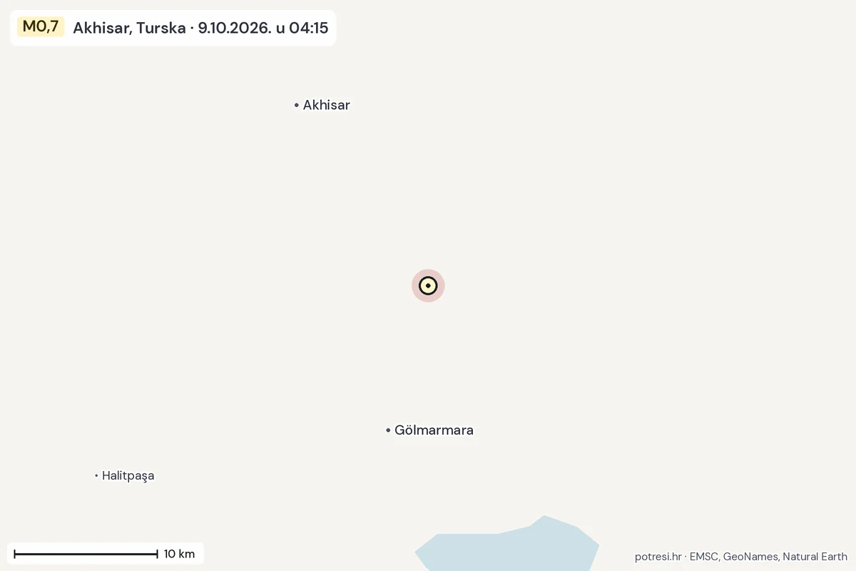 Karta: okolica epicentra, 60 km, potres M0,7, Akhisar, Turska, 9.10.2026.