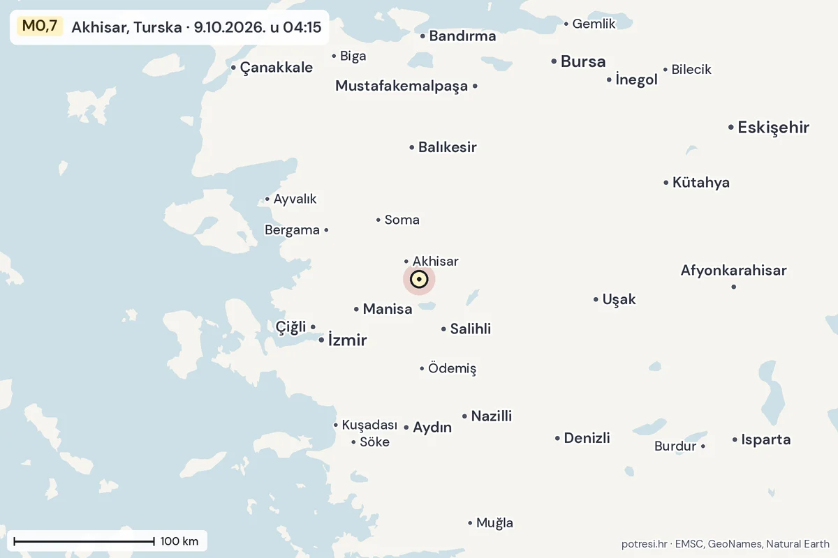 Karta: šire područje, 600 km, potres M0,7, Akhisar, Turska, 9.10.2026.