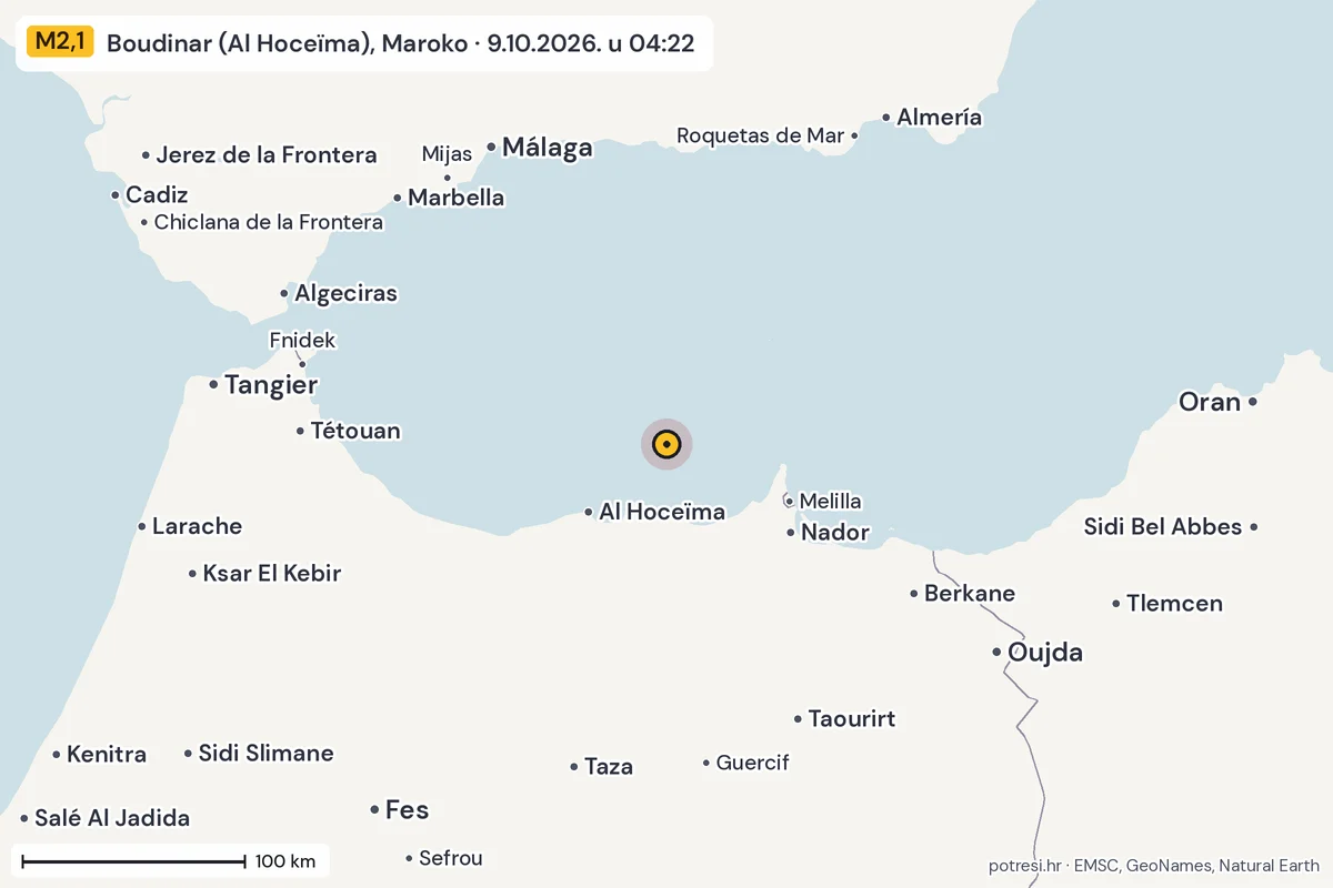 Karta: šire područje, 600 km, potres M2,1, Boudinar (Al Hoceïma), Maroko, 9.10.2026.
