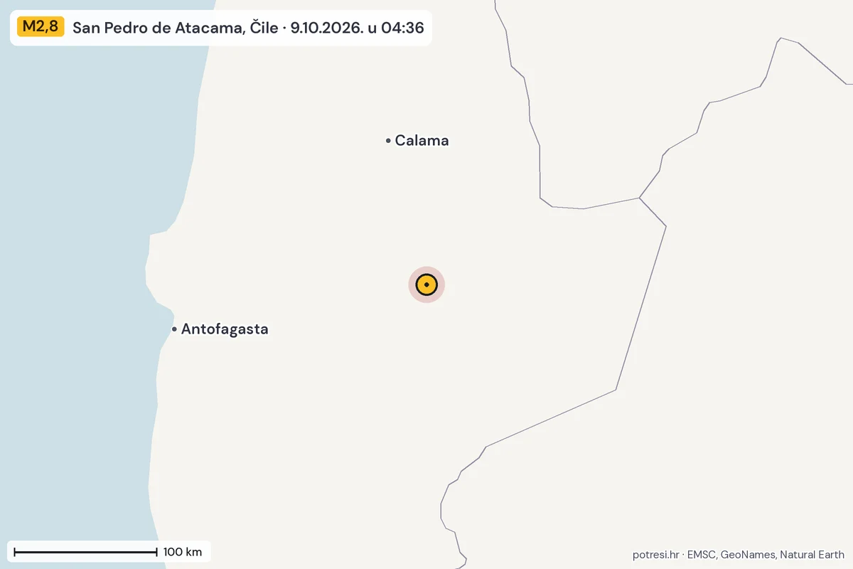Karta: šire područje, 600 km, potres M2,8, San Pedro de Atacama, Čile, 9.10.2026.