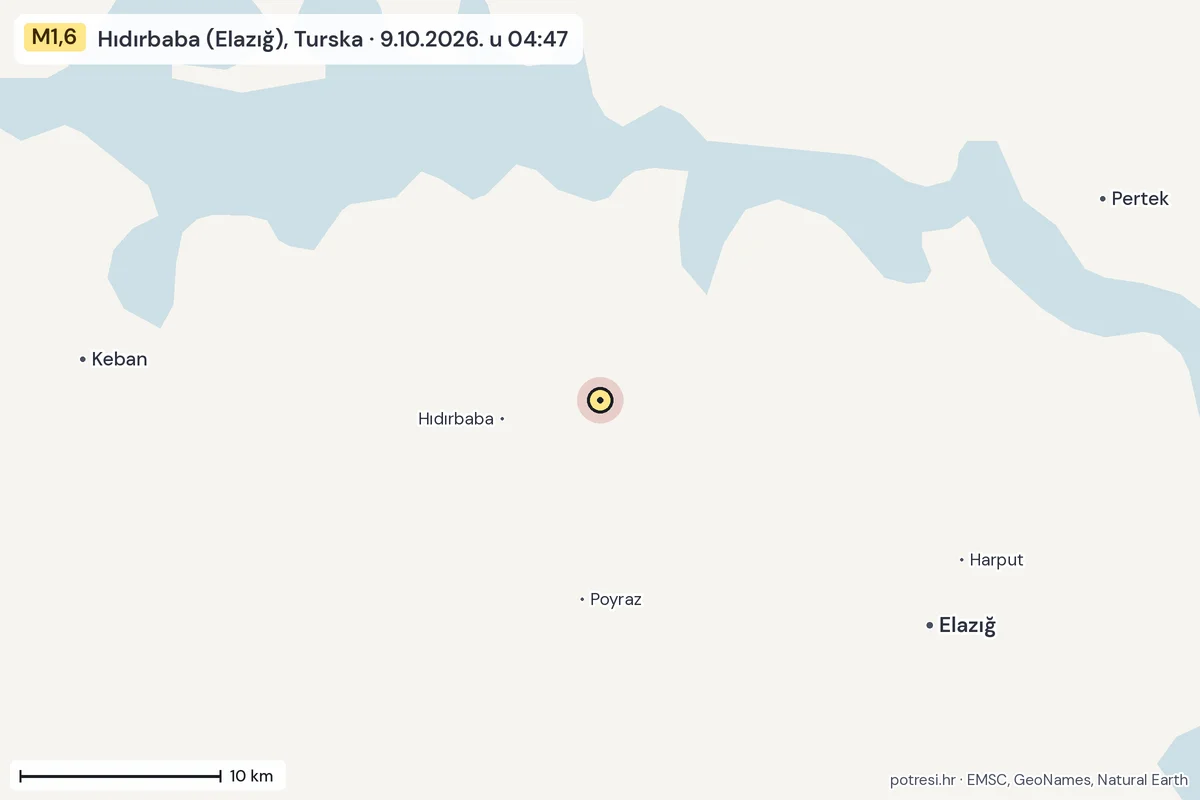 Karta: okolica epicentra, 60 km, potres M1,6, Hıdırbaba (Elazığ), Turska, 9.10.2026.
