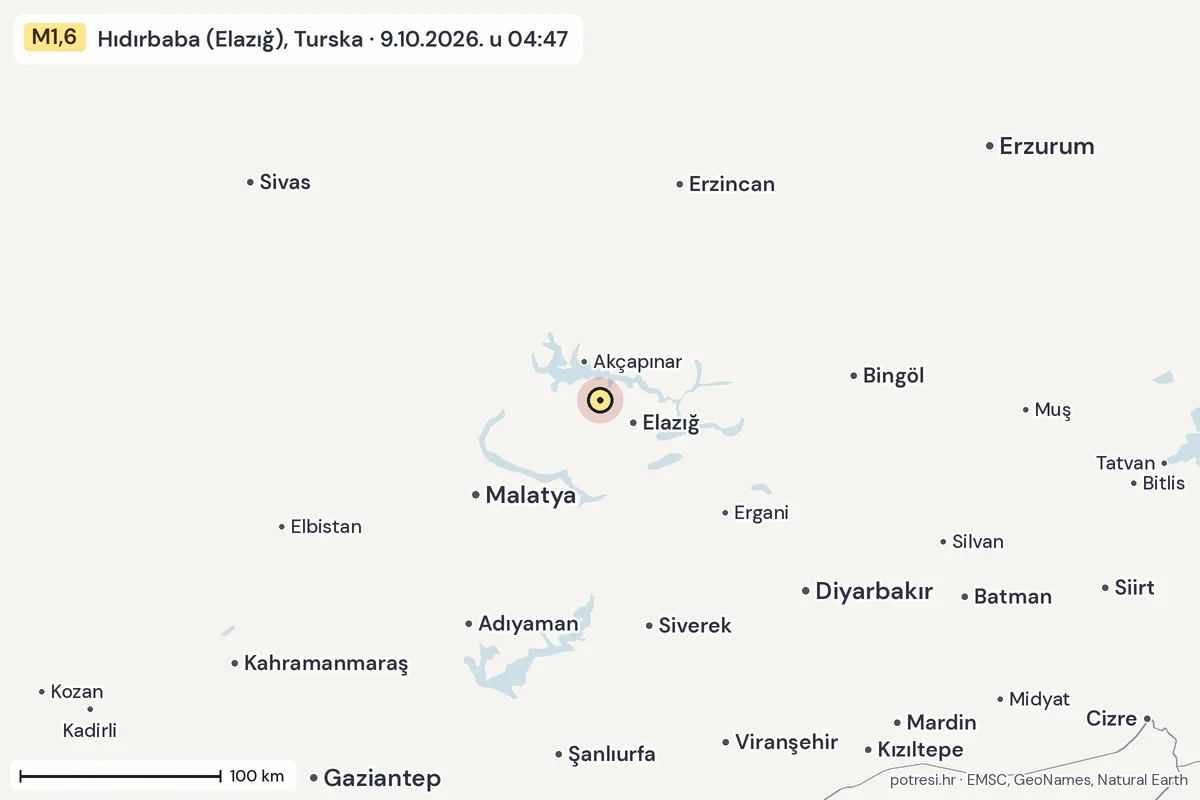Karta: šire područje, 600 km, potres M1,6, Hıdırbaba (Elazığ), Turska, 9.10.2026.