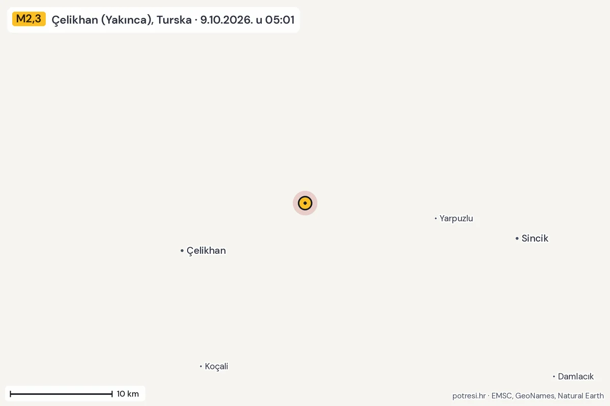 Karta: okolica epicentra, 60 km, potres M2,3, Çelikhan (Yakınca), Turska, 9.10.2026.