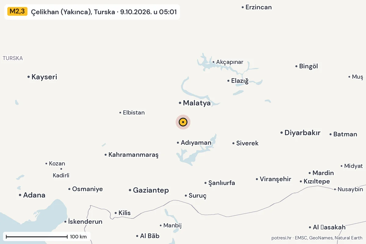 Karta: šire područje, 600 km, potres M2,3, Çelikhan (Yakınca), Turska, 9.10.2026.