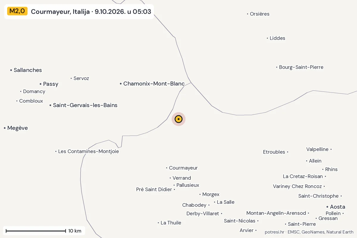 Karta: okolica epicentra, 60 km, potres M2,0, Courmayeur, Italija, 9.10.2026.