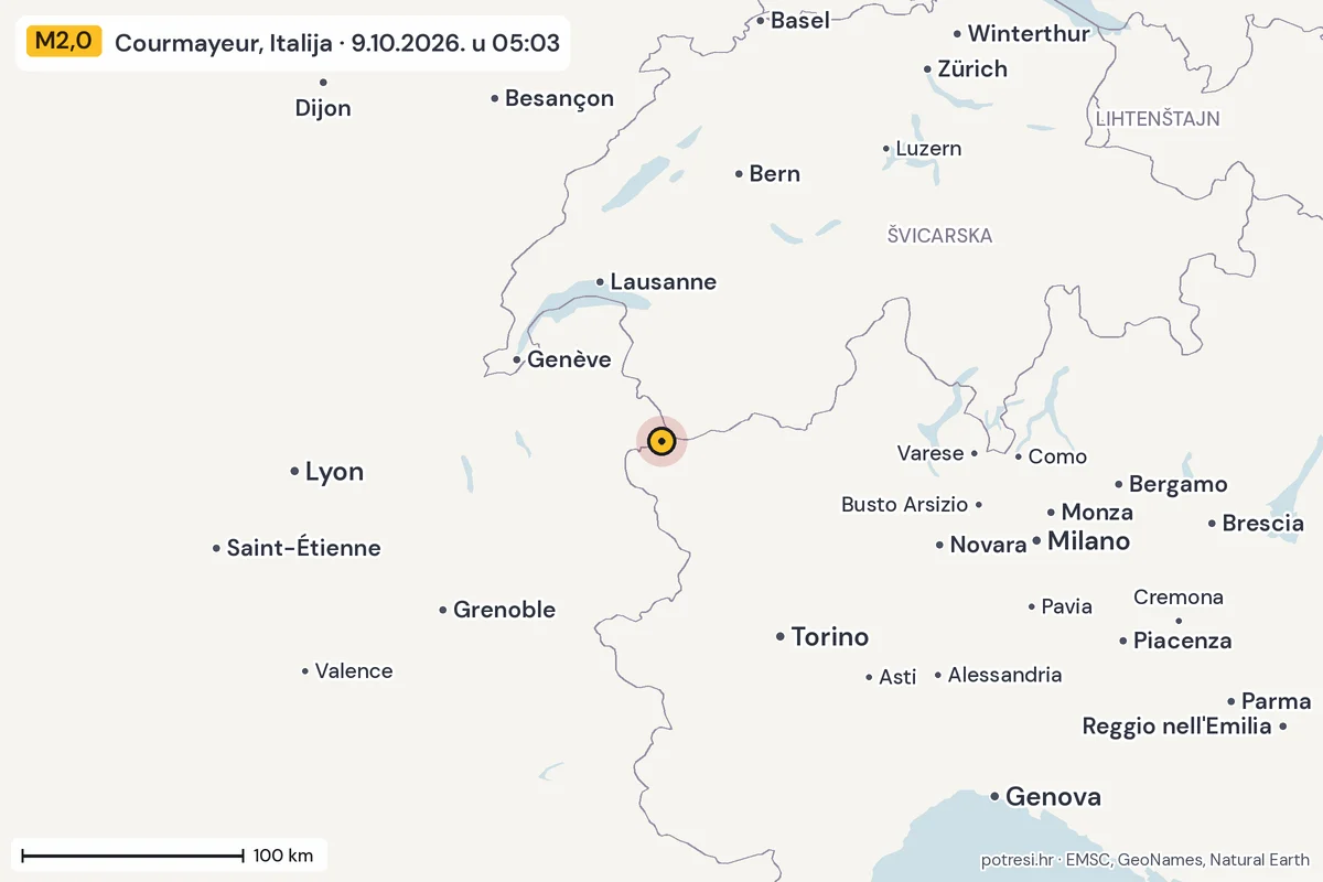 Karta: šire područje, 600 km, potres M2,0, Courmayeur, Italija, 9.10.2026.