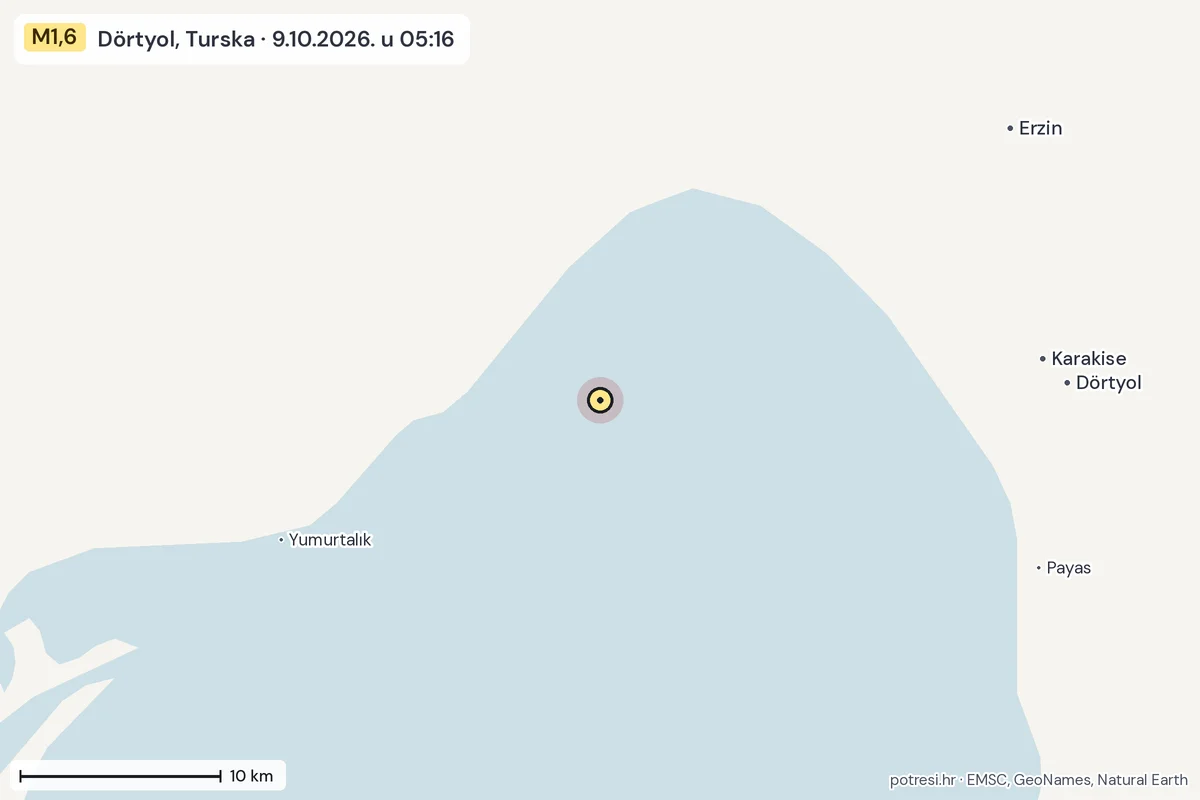 Karta: okolica epicentra, 60 km, potres M1,6, Dörtyol, Turska, 9.10.2026.