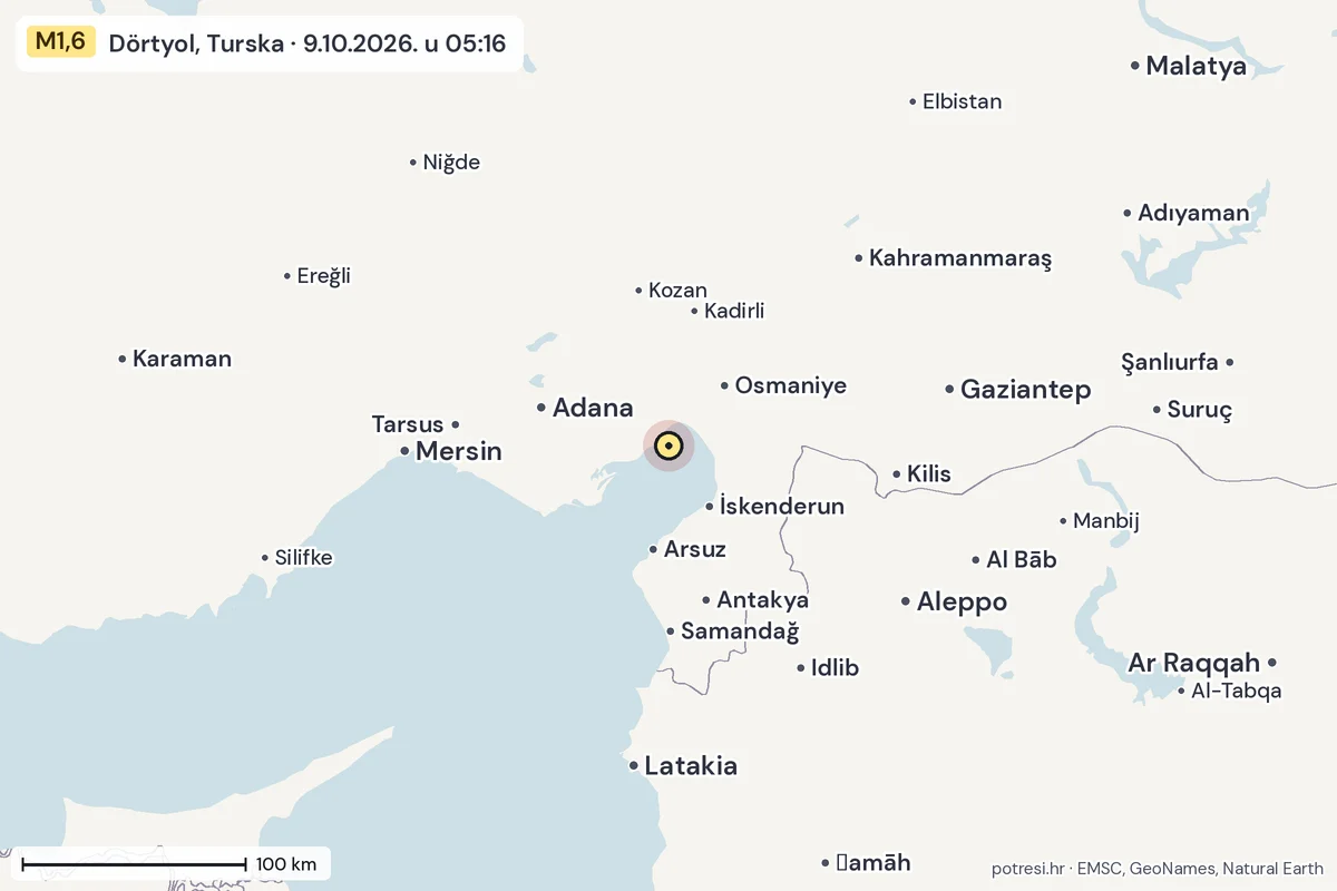 Karta: šire područje, 600 km, potres M1,6, Dörtyol, Turska, 9.10.2026.