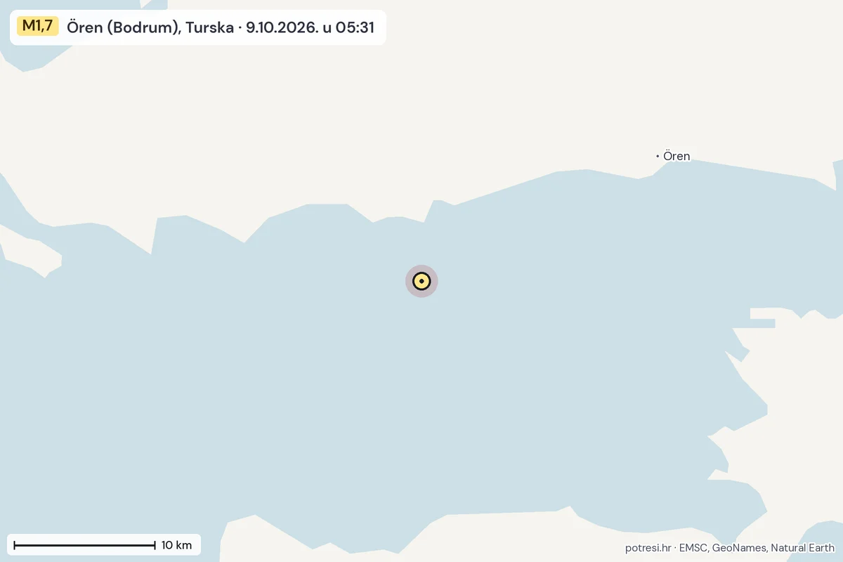 Karta: okolica epicentra, 60 km, potres M1,7, Ören (Bodrum), Turska, 9.10.2026.