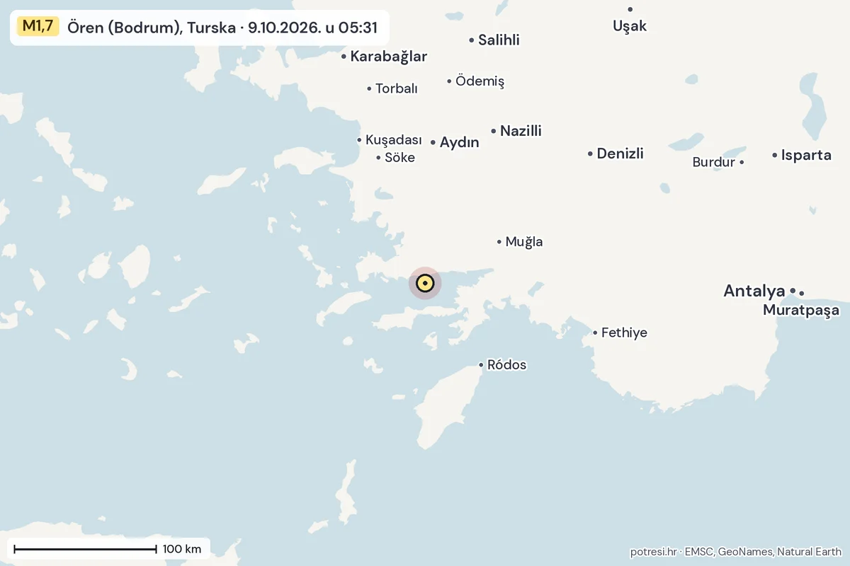 Karta: šire područje, 600 km, potres M1,7, Ören (Bodrum), Turska, 9.10.2026.